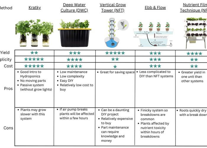 A graphic demonstrating the different models of hydroponic systems and the pros and cons